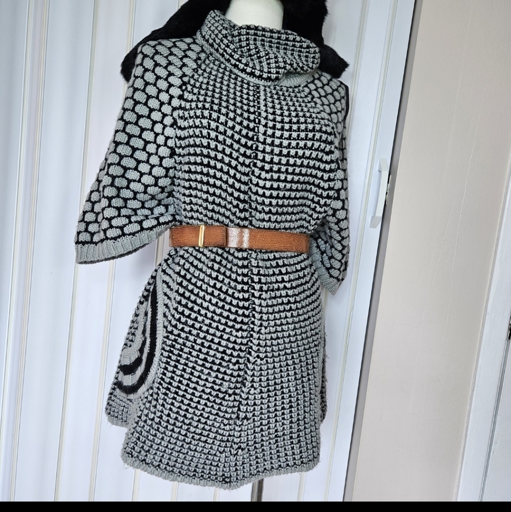 Gigi Grey & Black Wool Blend Knit Sweater Mini Dress With Turtleneck-SZ L